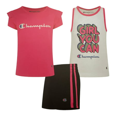 Champion Girl S 3 Piece Polyester Tee Cotton Tank & Short Set (Knockout Pink/White/Black 2T) - Bellso